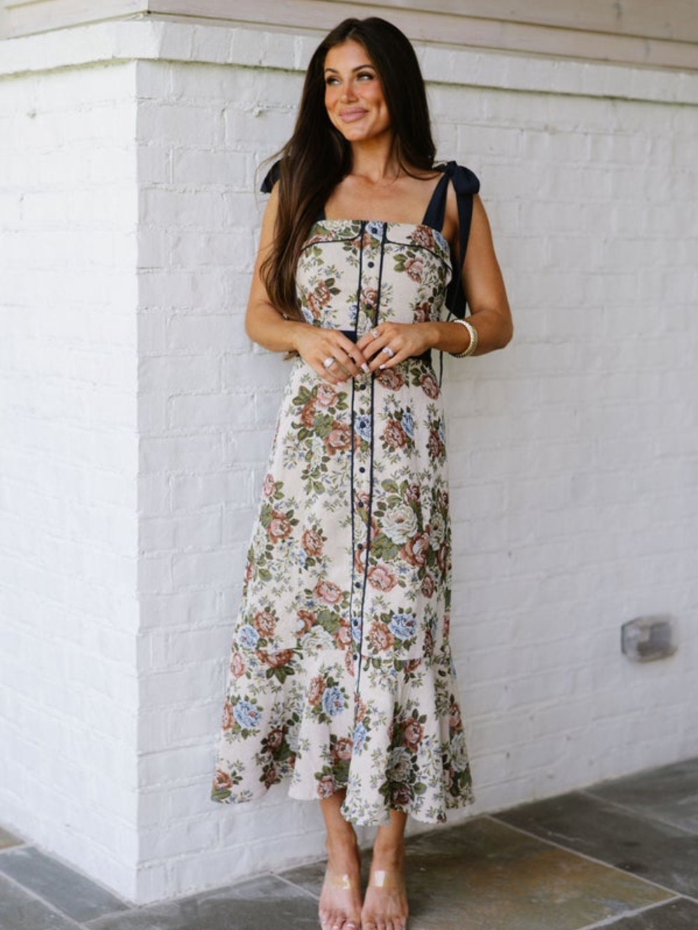 Floral Tie-Shoulder Maxi Dress in Cream with Navy Accents